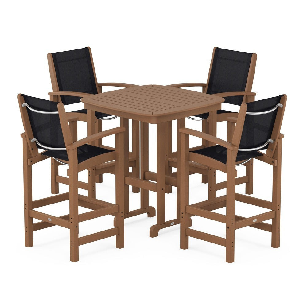 POLYWOOD® Outdoor Furniture Teak / Black Sling POLYWOOD® Coastal 5-Piece Bar Set - PWS210-1