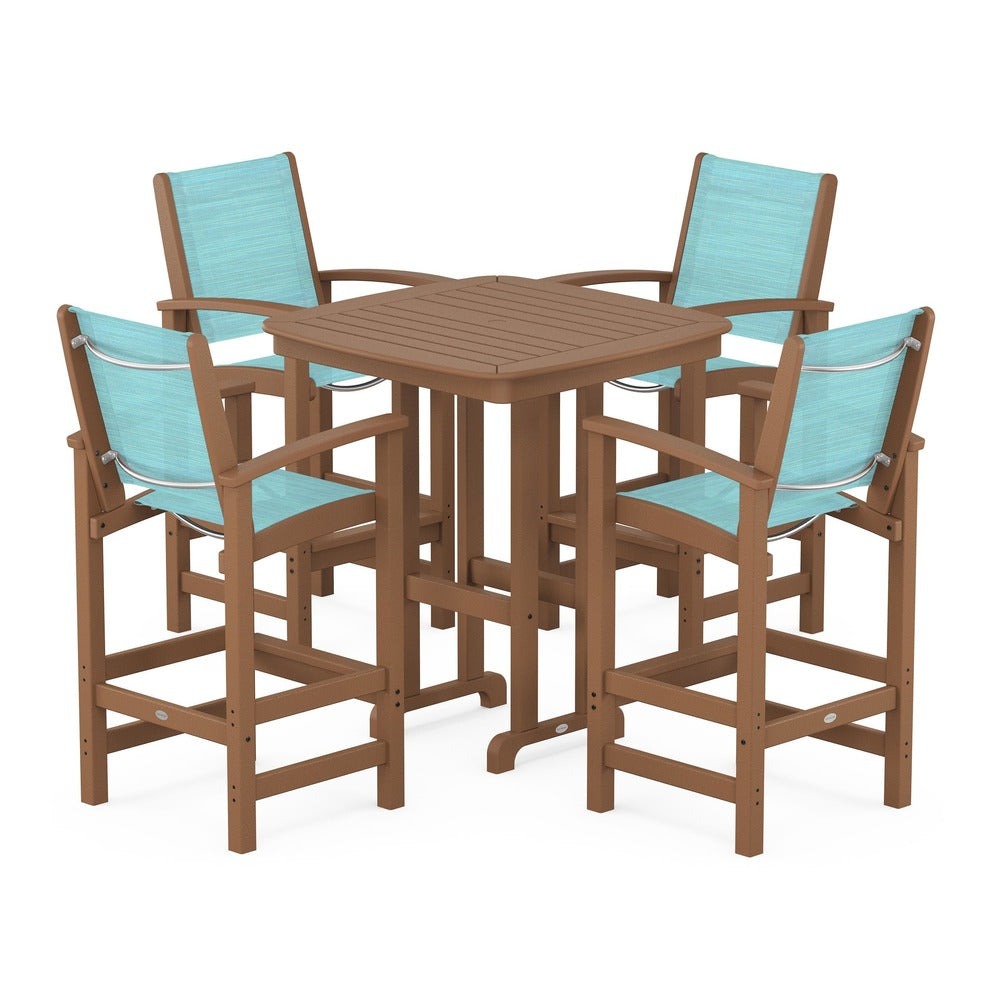POLYWOOD® Outdoor Furniture Teak / Dupioni Aquamarine Sling POLYWOOD® Coastal 5-Piece Bar Set - PWS210-1