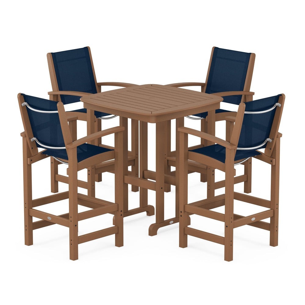POLYWOOD® Outdoor Furniture Teak / Navy Blue Sling POLYWOOD® Coastal 5-Piece Bar Set - PWS210-1