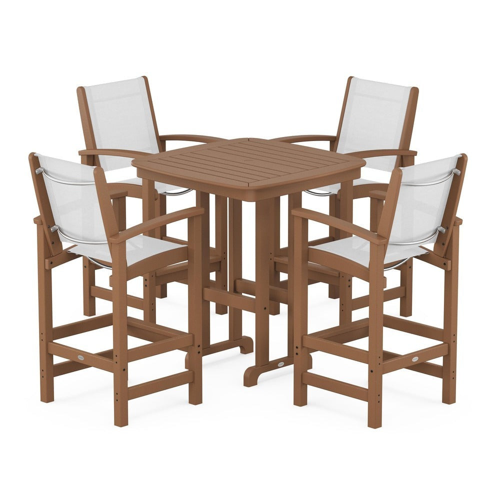 POLYWOOD® Outdoor Furniture Teak / White Sling POLYWOOD® Coastal 5-Piece Bar Set - PWS210-1