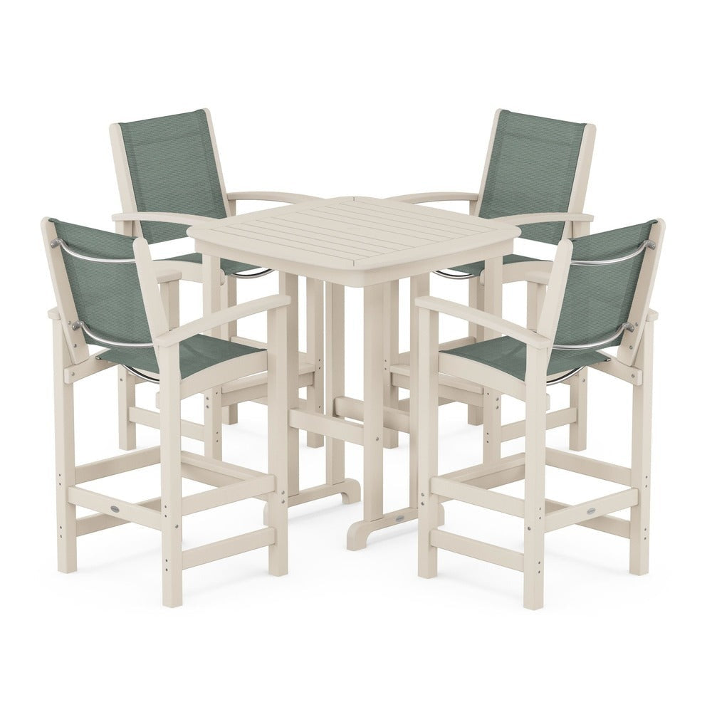 POLYWOOD® Outdoor Furniture Sand / Dupioni Sea Mist Sling POLYWOOD® Coastal 5-Piece Bar Set - PWS210-1