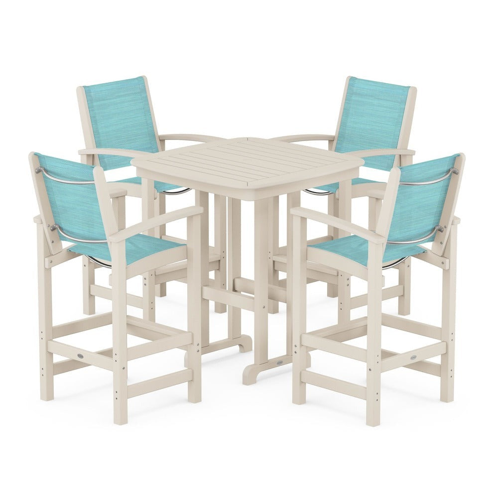POLYWOOD® Outdoor Furniture Sand / Dupioni Aquamarine Sling POLYWOOD® Coastal 5-Piece Bar Set - PWS210-1