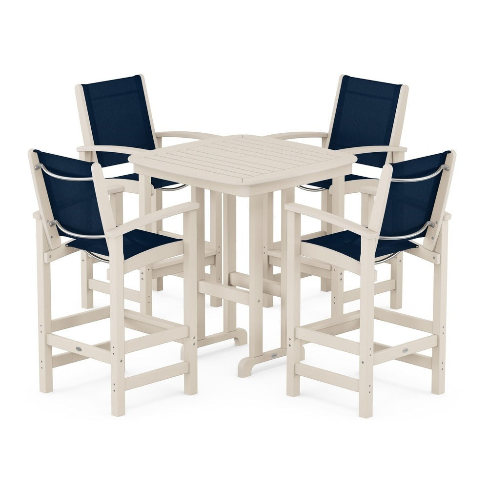 POLYWOOD® Outdoor Furniture Sand / Navy Blue Sling POLYWOOD® Coastal 5-Piece Bar Set - PWS210-1