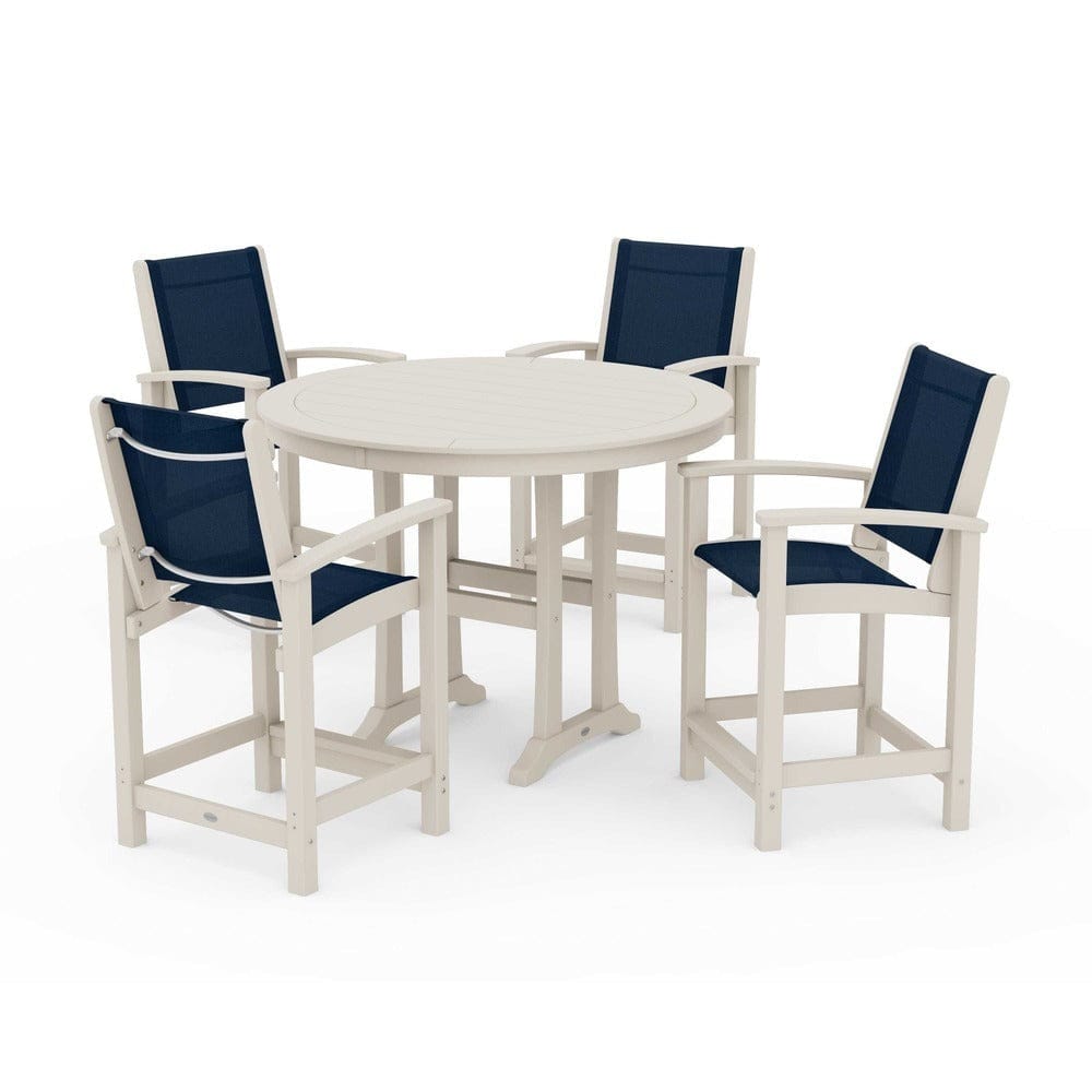 POLYWOOD® Outdoor Furniture Sand / Navy Blue Sling POLYWOOD® - Coastal 5-Piece Counter Set - PWS319
