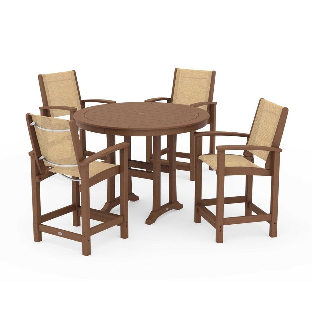 POLYWOOD® Outdoor Furniture Teak / Dupioni Apricot Sling POLYWOOD® - Coastal 5-Piece Counter Set - PWS319