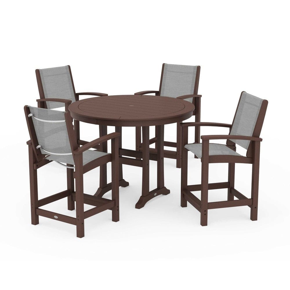 POLYWOOD® Outdoor Furniture Mahogany / Metallic Sling POLYWOOD® - Coastal 5-Piece Counter Set - PWS319