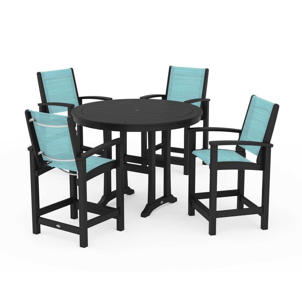 POLYWOOD® Outdoor Furniture Black / Dupioni Aquamarine Sling POLYWOOD® - Coastal 5-Piece Counter Set - PWS319