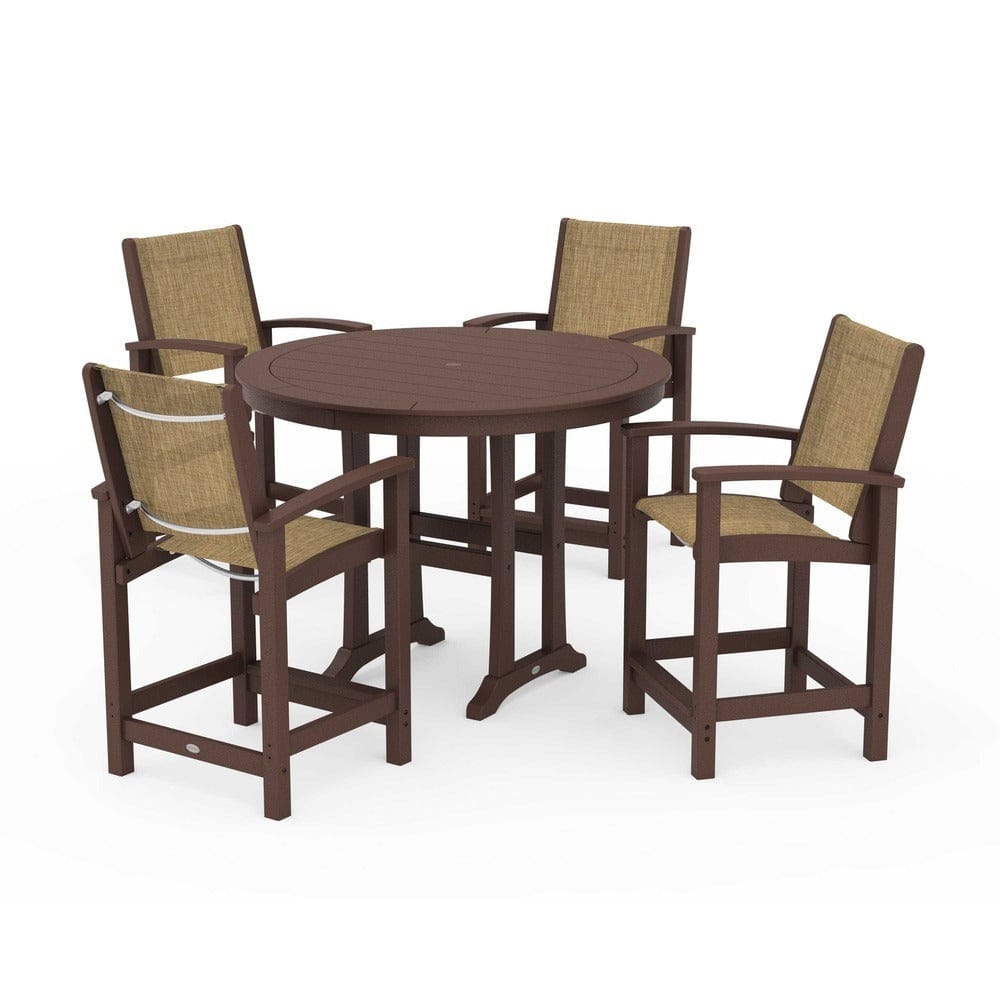 POLYWOOD® Outdoor Furniture Mahogany / Burlap Sling POLYWOOD® - Coastal 5-Piece Counter Set - PWS319