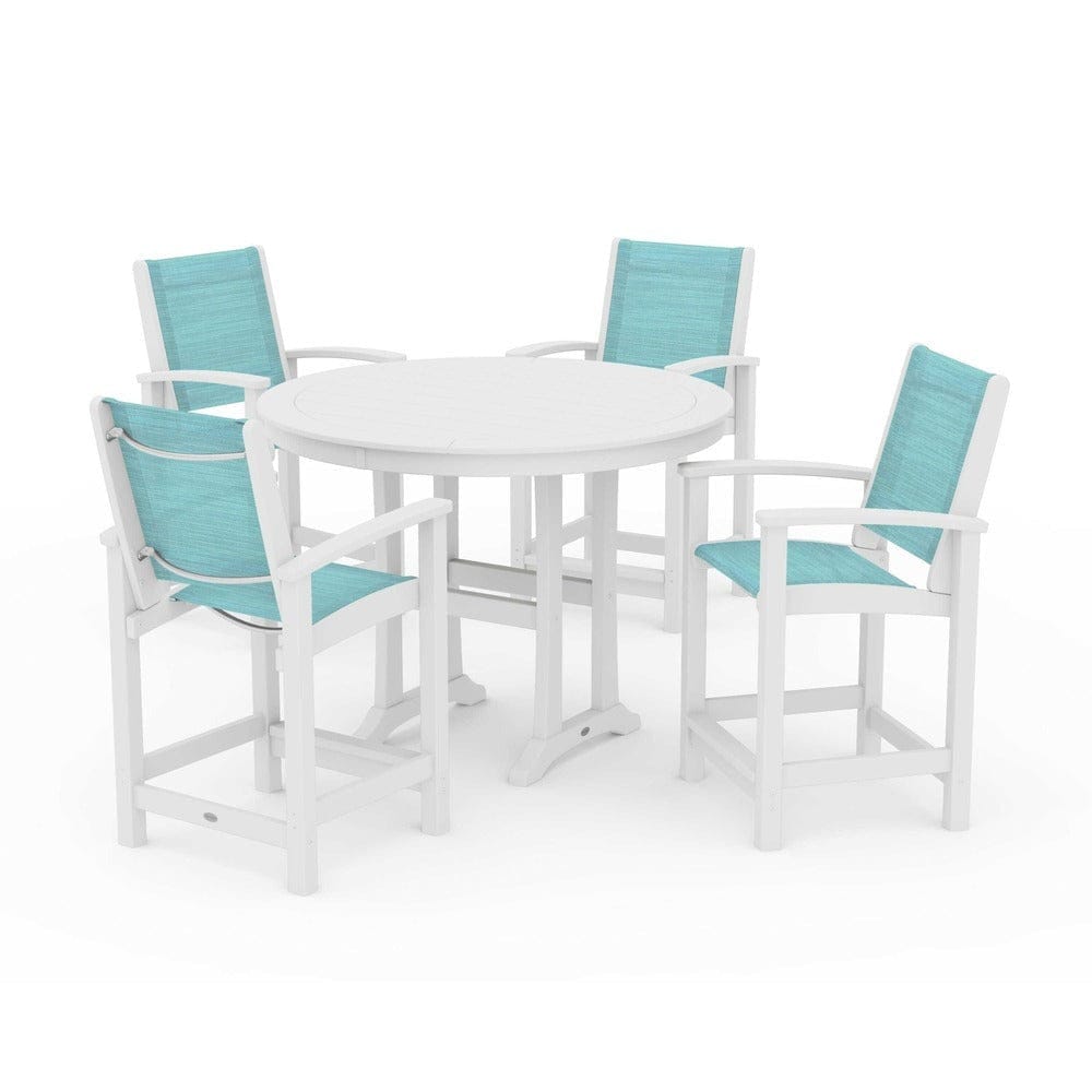 POLYWOOD® Outdoor Furniture White / Dupioni Aquamarine Sling POLYWOOD® - Coastal 5-Piece Counter Set - PWS319
