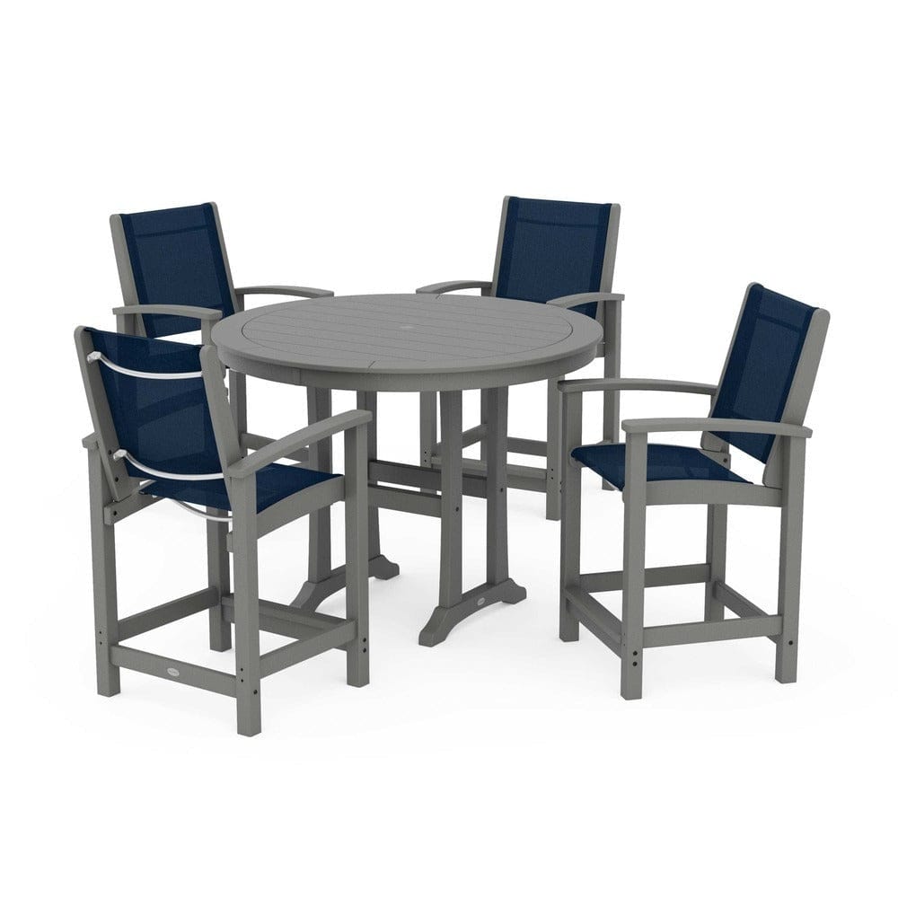 POLYWOOD® Outdoor Furniture Slate Grey / Navy Blue Sling POLYWOOD® - Coastal 5-Piece Counter Set - PWS319
