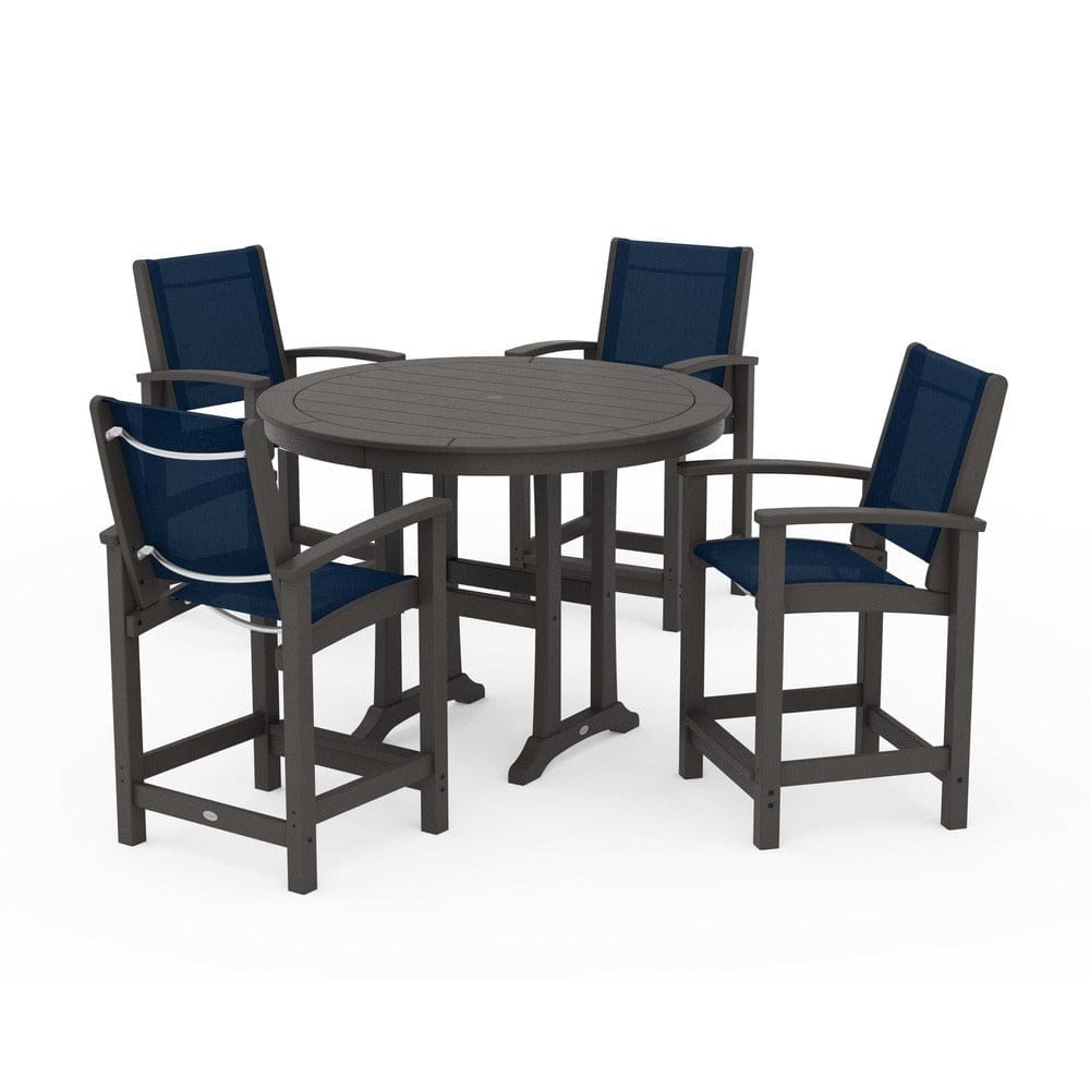 POLYWOOD® Outdoor Furniture Vintage Coffee / Navy Blue Sling POLYWOOD® - Coastal 5-Piece Counter Set - PWS319
