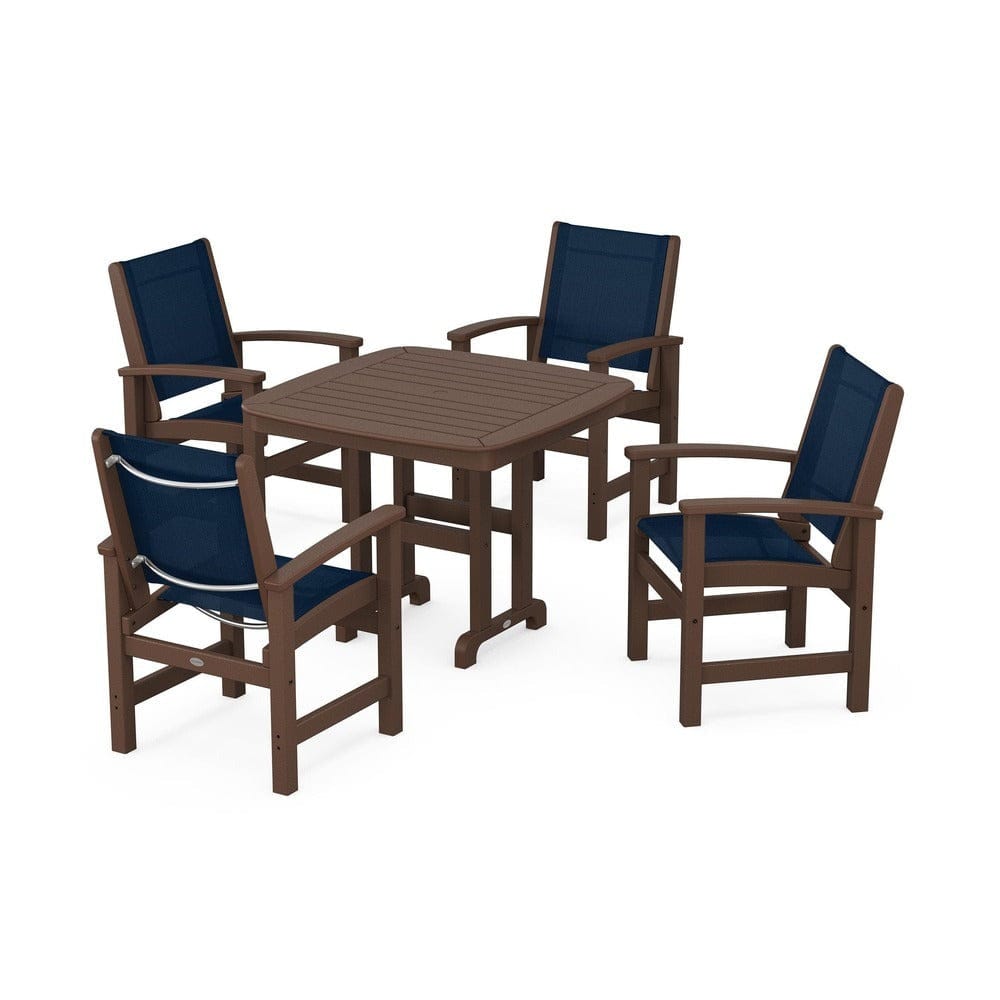 POLYWOOD® Outdoor Furniture Mahogany / Navy Blue Sling POLYWOOD® - Coastal 5-Piece Dining Set - PWS1236
