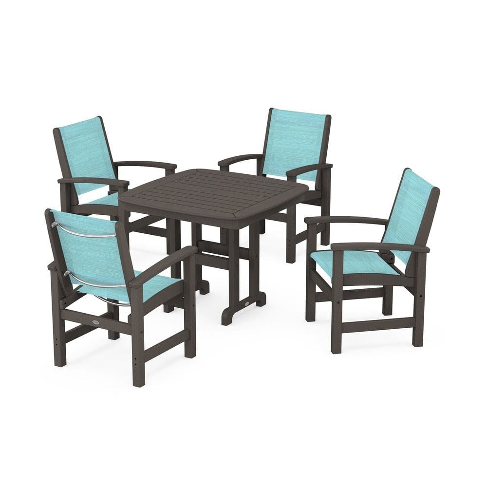 POLYWOOD® Outdoor Furniture Vintage Coffee / Dupioni Aquamarine Sling POLYWOOD® - Coastal 5-Piece Dining Set - PWS1236