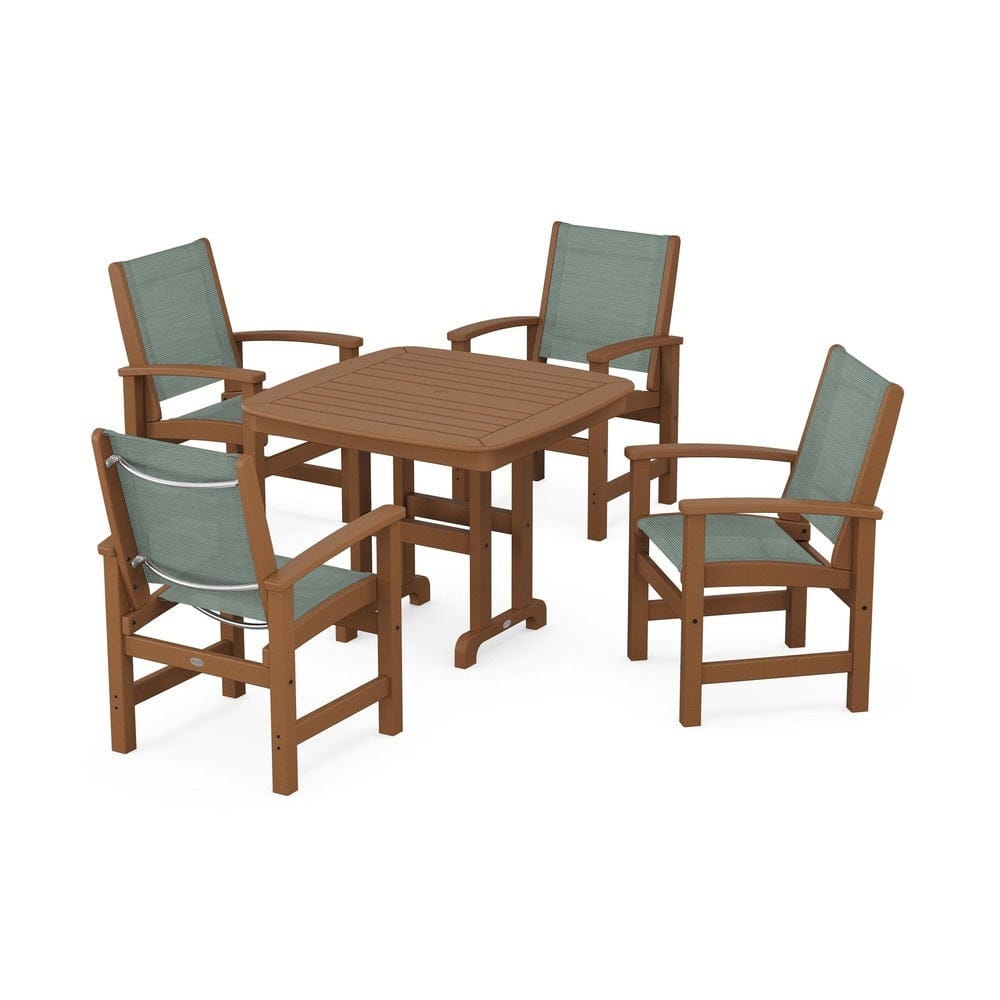 POLYWOOD® Outdoor Furniture Teak / Dupioni Sea Mist Sling POLYWOOD® - Coastal 5-Piece Dining Set - PWS1236