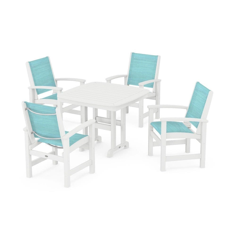 POLYWOOD® Outdoor Furniture White / Dupioni Aquamarine Sling POLYWOOD® - Coastal 5-Piece Dining Set - PWS1236