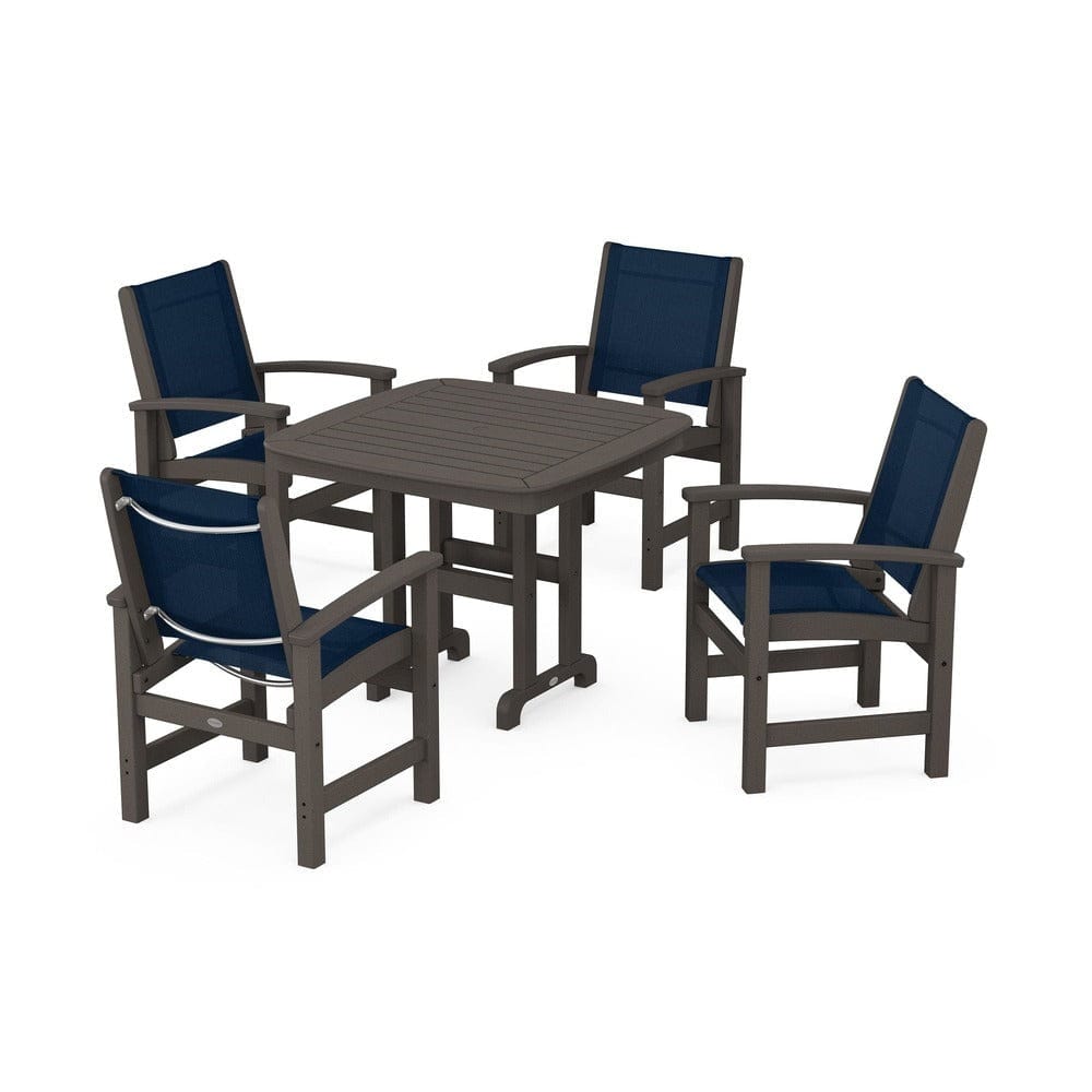POLYWOOD® Outdoor Furniture Vintage Coffee / Navy Blue Sling POLYWOOD® - Coastal 5-Piece Dining Set - PWS1236