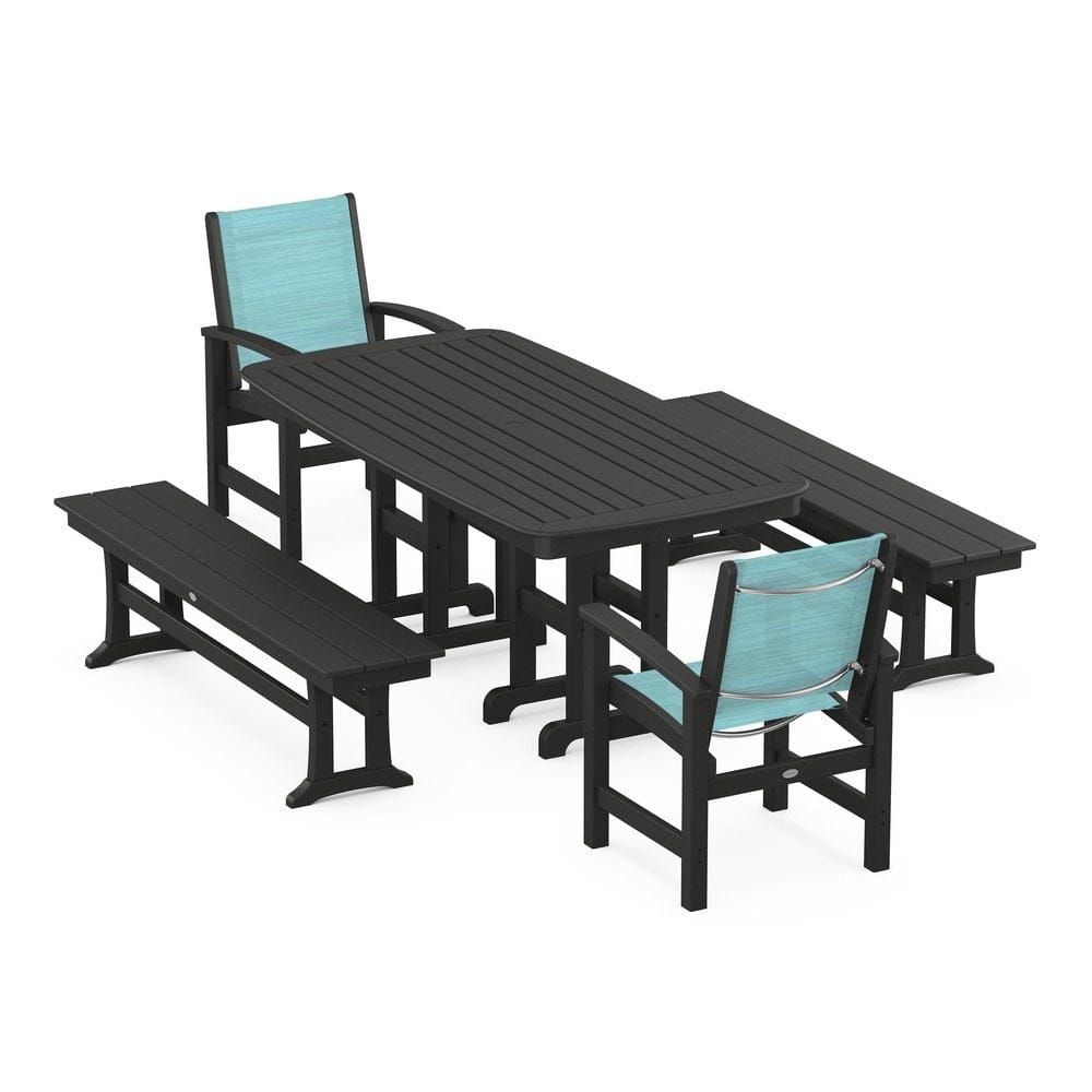 POLYWOOD® Outdoor Furniture Black / Dupioni Aquamarine Sling POLYWOOD® - Coastal 5-Piece Dining Set - PWS1263
