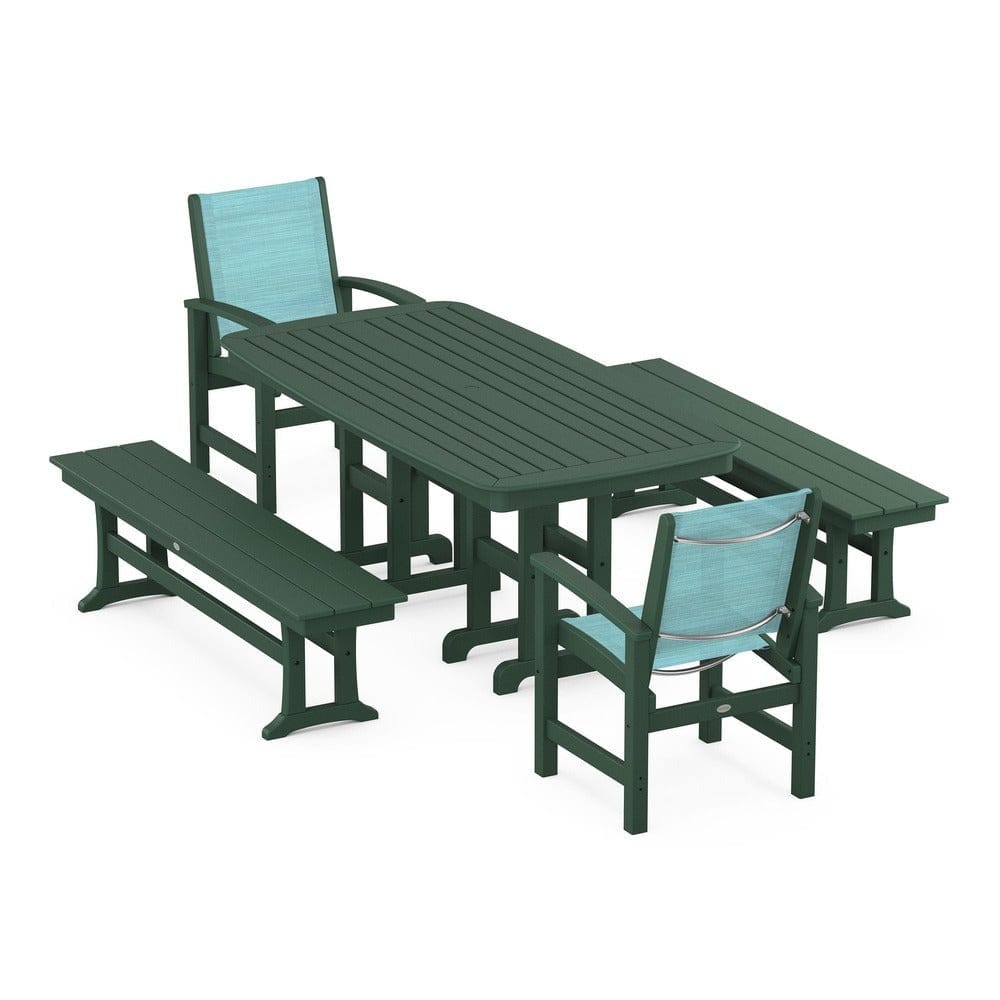 POLYWOOD® Outdoor Furniture Green / Dupioni Aquamarine Sling POLYWOOD® - Coastal 5-Piece Dining Set - PWS1263