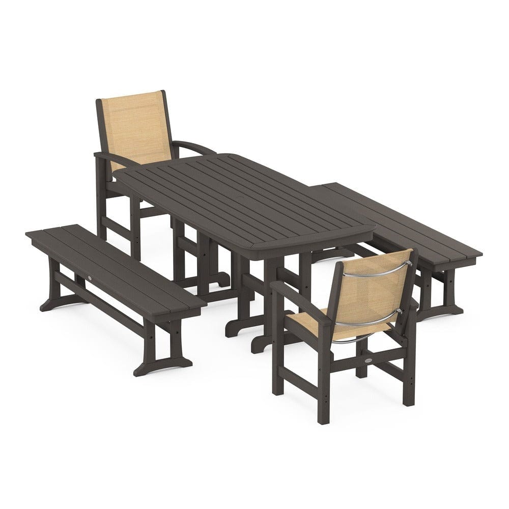 POLYWOOD® Outdoor Furniture Vintage Coffee / Dupioni Apricot Sling POLYWOOD® - Coastal 5-Piece Dining Set - PWS1263