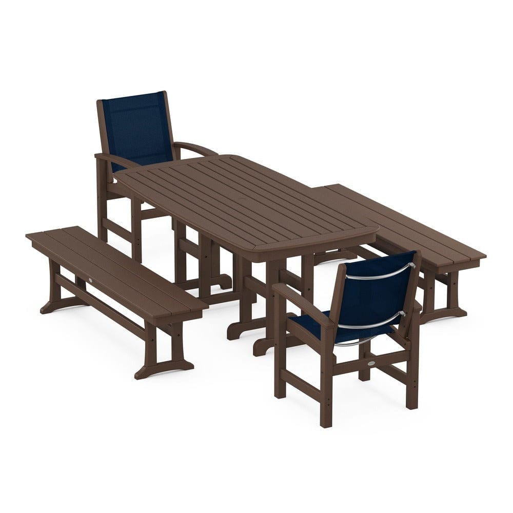 POLYWOOD® Outdoor Furniture Mahogany / Navy Blue Sling POLYWOOD® - Coastal 5-Piece Dining Set - PWS1263