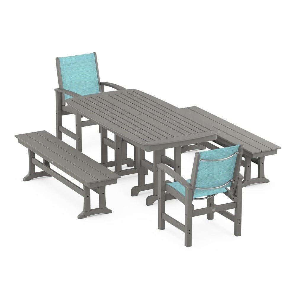 POLYWOOD® Outdoor Furniture Slate Grey / Dupioni Aquamarine Sling POLYWOOD® - Coastal 5-Piece Dining Set - PWS1263