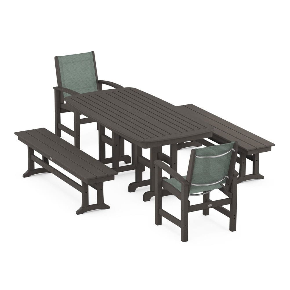 POLYWOOD® Outdoor Furniture Vintage Coffee / Dupioni Sea Mist Sling POLYWOOD® - Coastal 5-Piece Dining Set - PWS1263