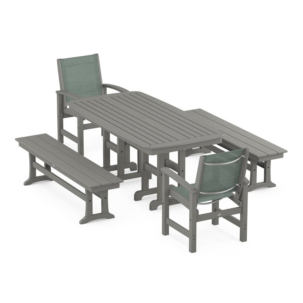 POLYWOOD® Outdoor Furniture Slate Grey / Dupioni Sea Mist Sling POLYWOOD® - Coastal 5-Piece Dining Set - PWS1263