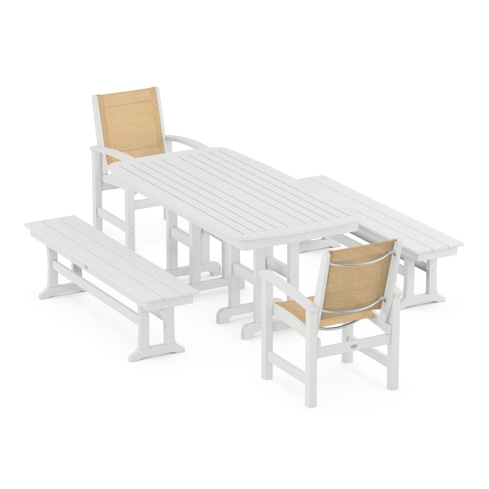 POLYWOOD® Outdoor Furniture White / Dupioni Apricot Sling POLYWOOD® - Coastal 5-Piece Dining Set - PWS1263