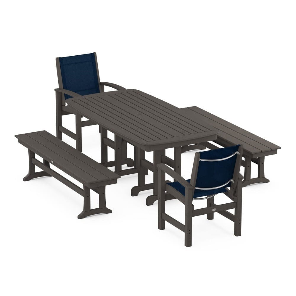 POLYWOOD® Outdoor Furniture Vintage Coffee / Navy Blue Sling POLYWOOD® - Coastal 5-Piece Dining Set - PWS1263