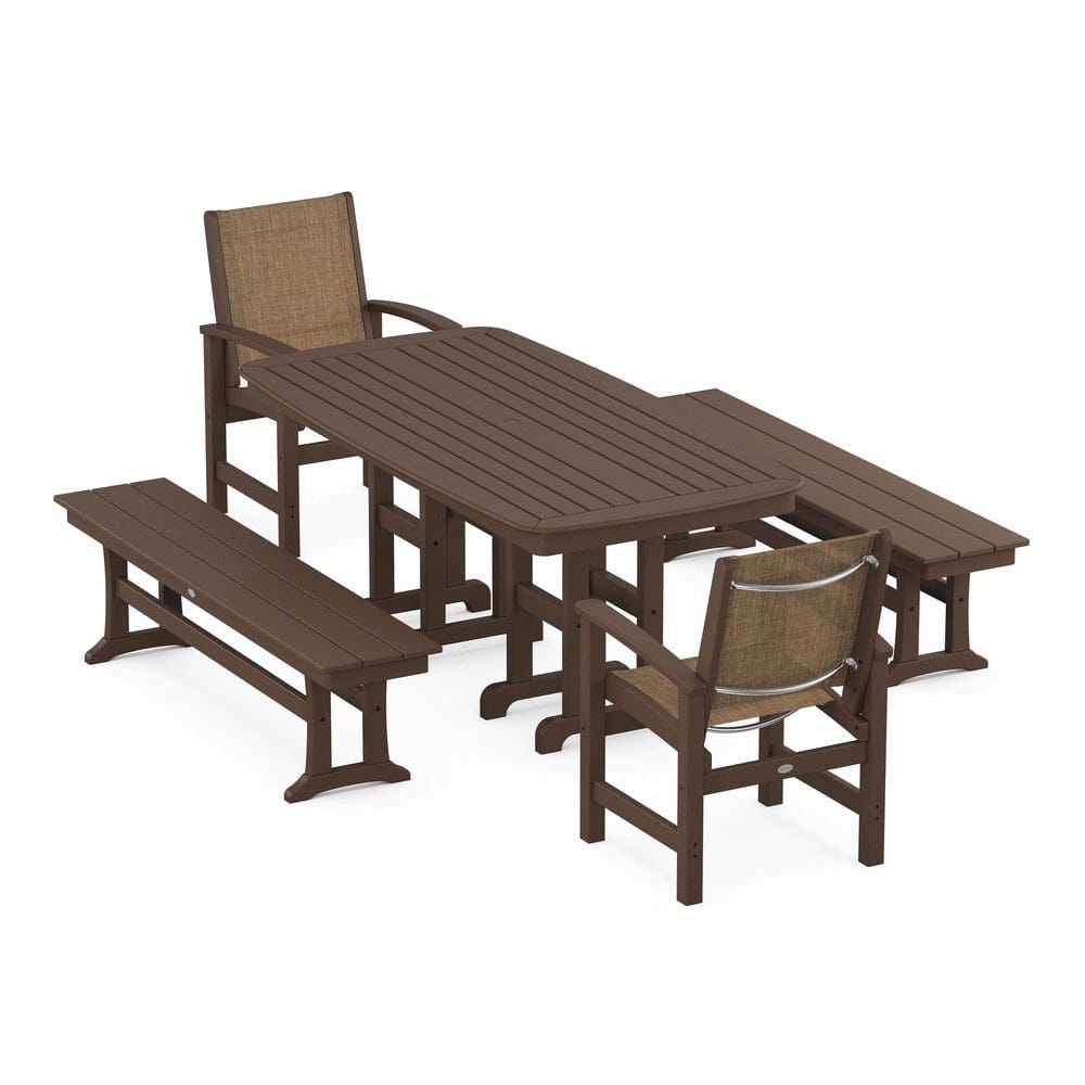 POLYWOOD® Outdoor Furniture Mahogany / Burlap Sling POLYWOOD® - Coastal 5-Piece Dining Set - PWS1263