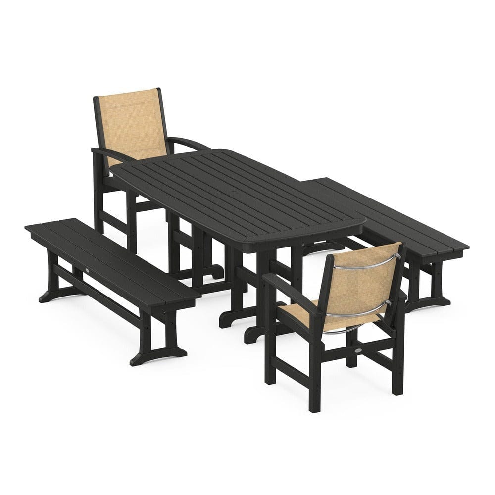 POLYWOOD® Outdoor Furniture Black / Dupioni Apricot Sling POLYWOOD® - Coastal 5-Piece Dining Set - PWS1263