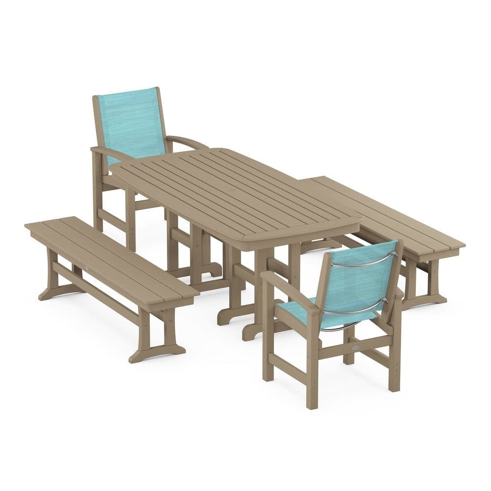 POLYWOOD® Outdoor Furniture Vintage Sahara / Dupioni Aquamarine Sling POLYWOOD® - Coastal 5-Piece Dining Set - PWS1263