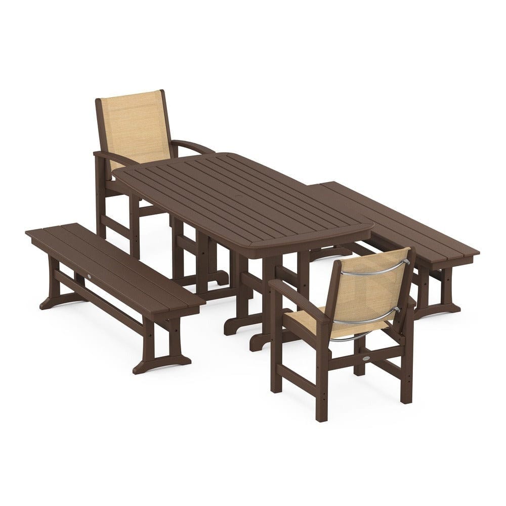 POLYWOOD® Outdoor Furniture Mahogany / Dupioni Apricot Sling POLYWOOD® - Coastal 5-Piece Dining Set - PWS1263