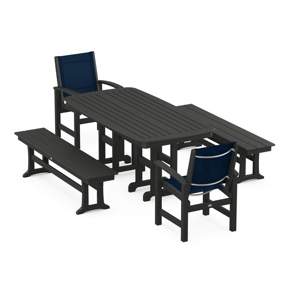 POLYWOOD® Outdoor Furniture Black / Navy Blue Sling POLYWOOD® - Coastal 5-Piece Dining Set - PWS1263