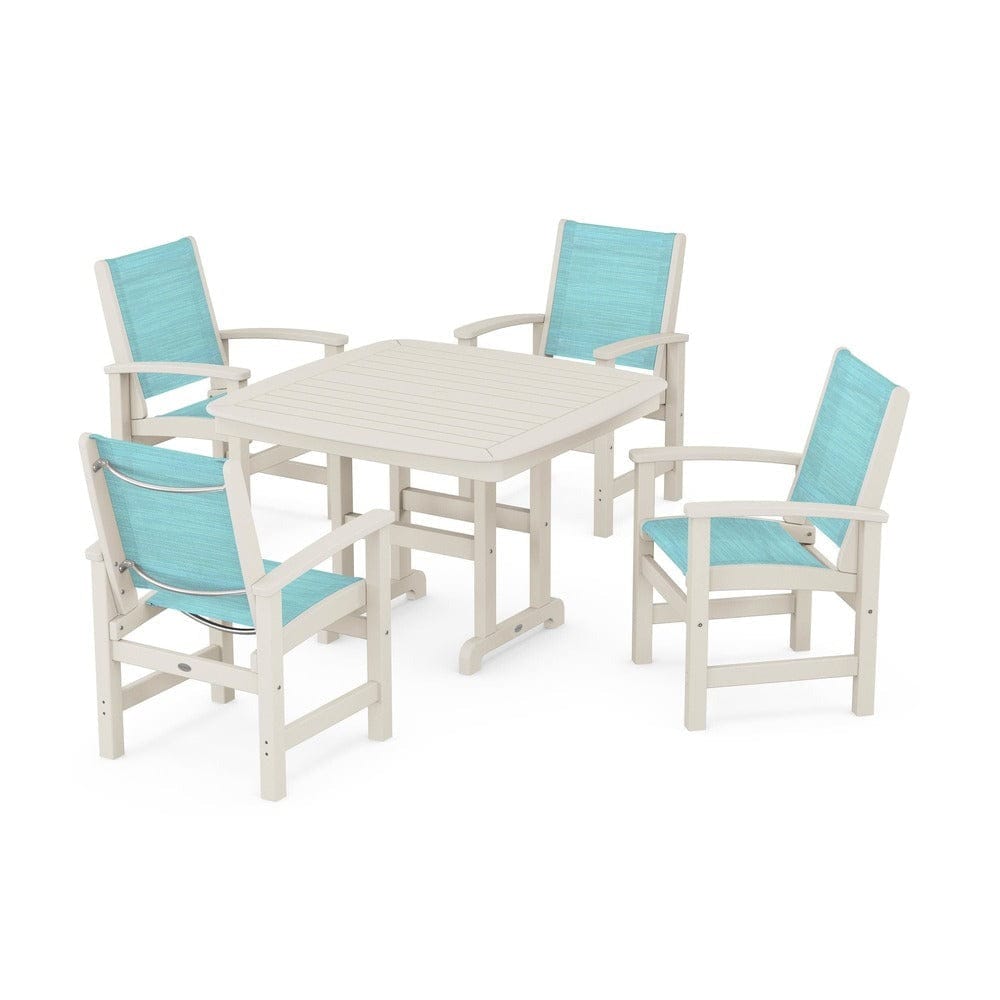POLYWOOD® Outdoor Furniture Sand / Dupioni Aquamarine Sling POLYWOOD® - Coastal 5-Piece Dining Set - PWS914