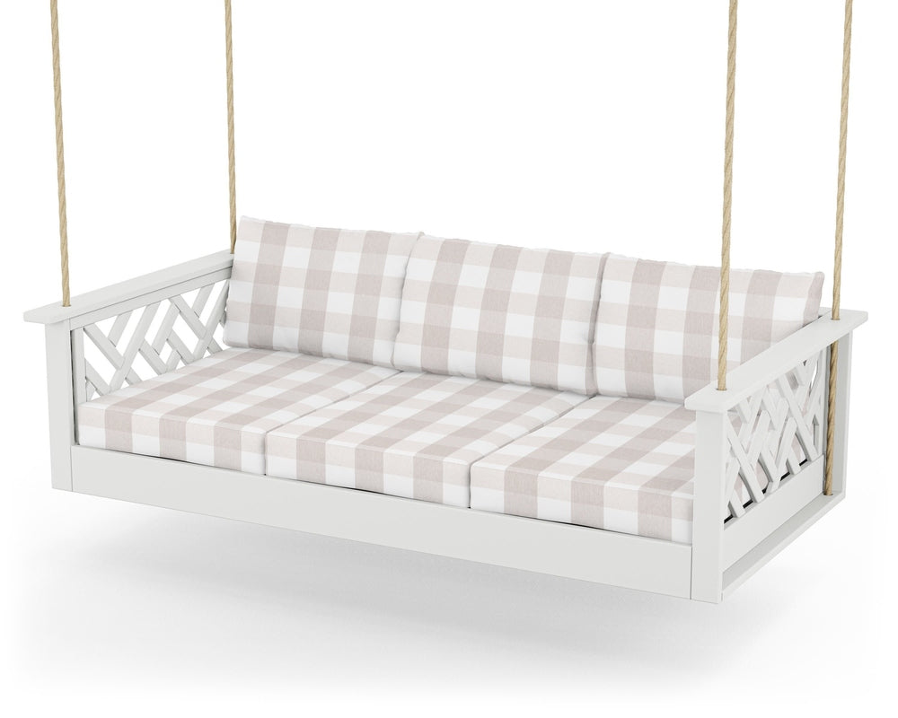 Chippendale Daybed Swing - White / Buffalo Plaid Dune Burlap