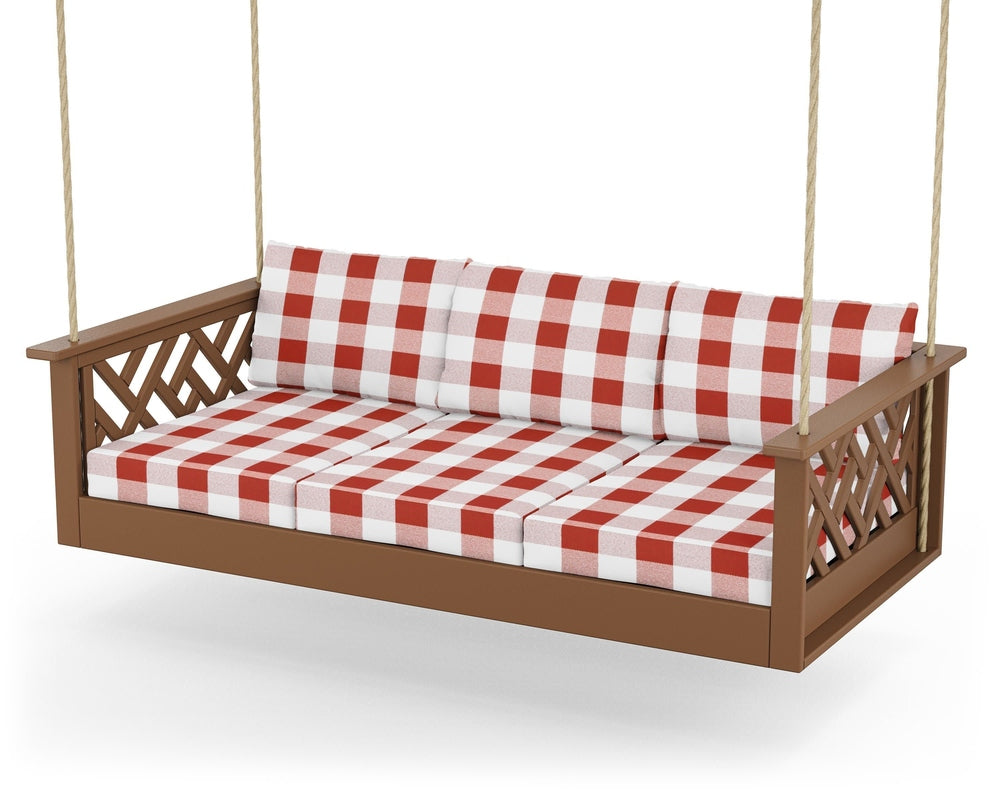 Chippendale Daybed Swing - Teak / Buffalo Plaid Crimson