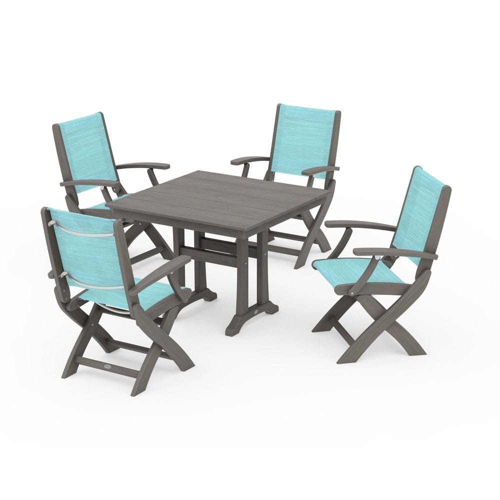 POLYWOOD® - Coastal Folding Chair 5-Piece Farmhouse Dining Set With Trestle Legs - PWS945