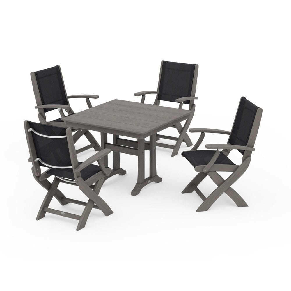 POLYWOOD® - Coastal Folding Chair 5-Piece Farmhouse Dining Set With Trestle Legs - PWS945