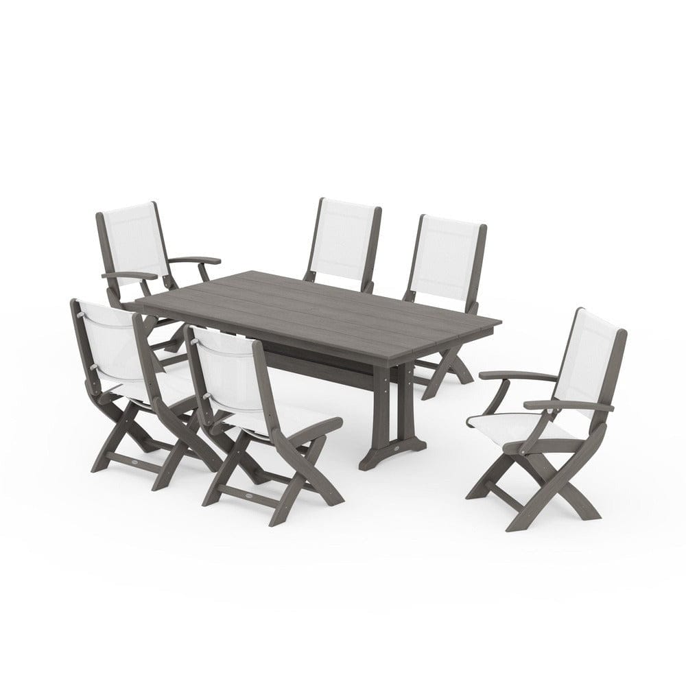 POLYWOOD® - Coastal Folding Chair 7-Piece Farmhouse Dining Set with Trestle Legs - PWS1001