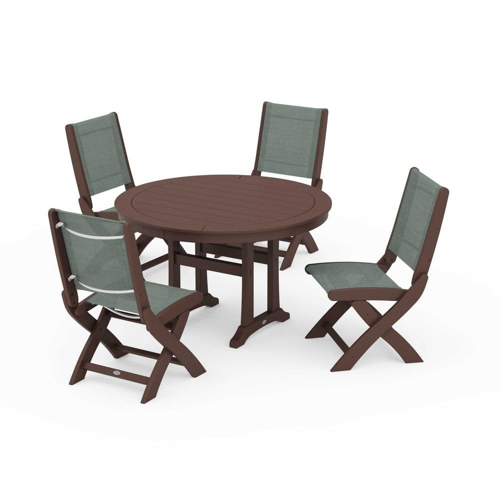 POLYWOOD® - Coastal Folding Side Chair 5-Piece Round Dining Set With Trestle Legs - PWS1121 Outdoor Furniture POLYWOOD®