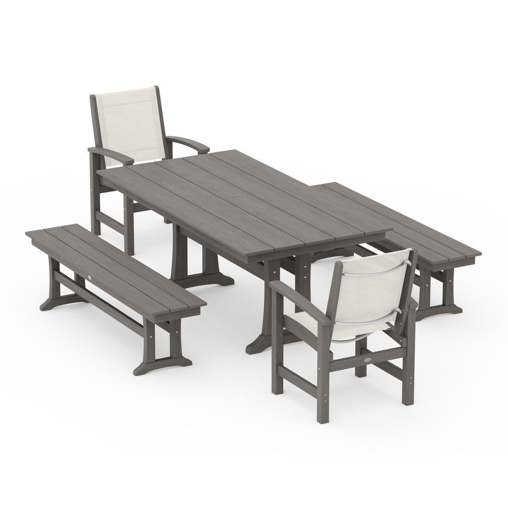 POLYWOOD® - Coastal 5-Piece Farmhouse Dining Set with Trestle Legs and Benches - PWS1000