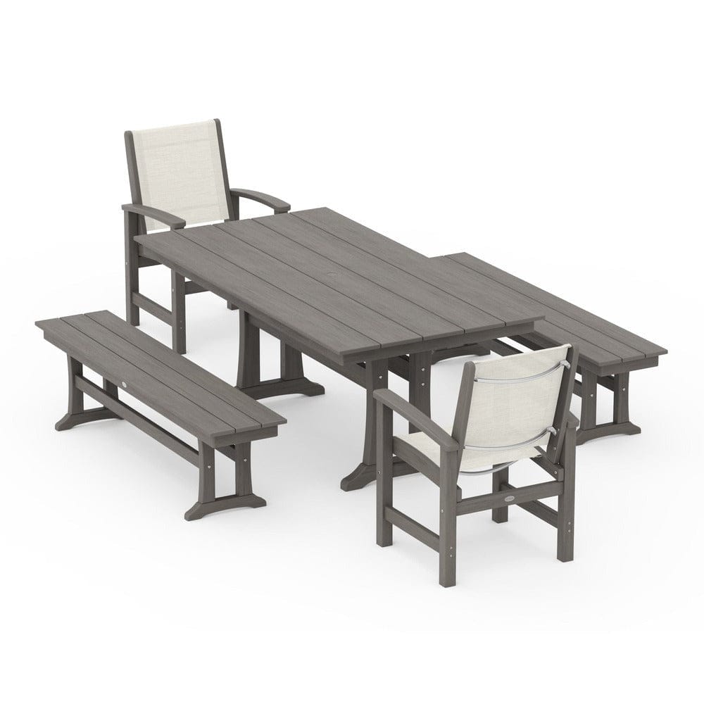 POLYWOOD® - Coastal 5-Piece Farmhouse Dining Set with Trestle Legs and Benches - PWS1000