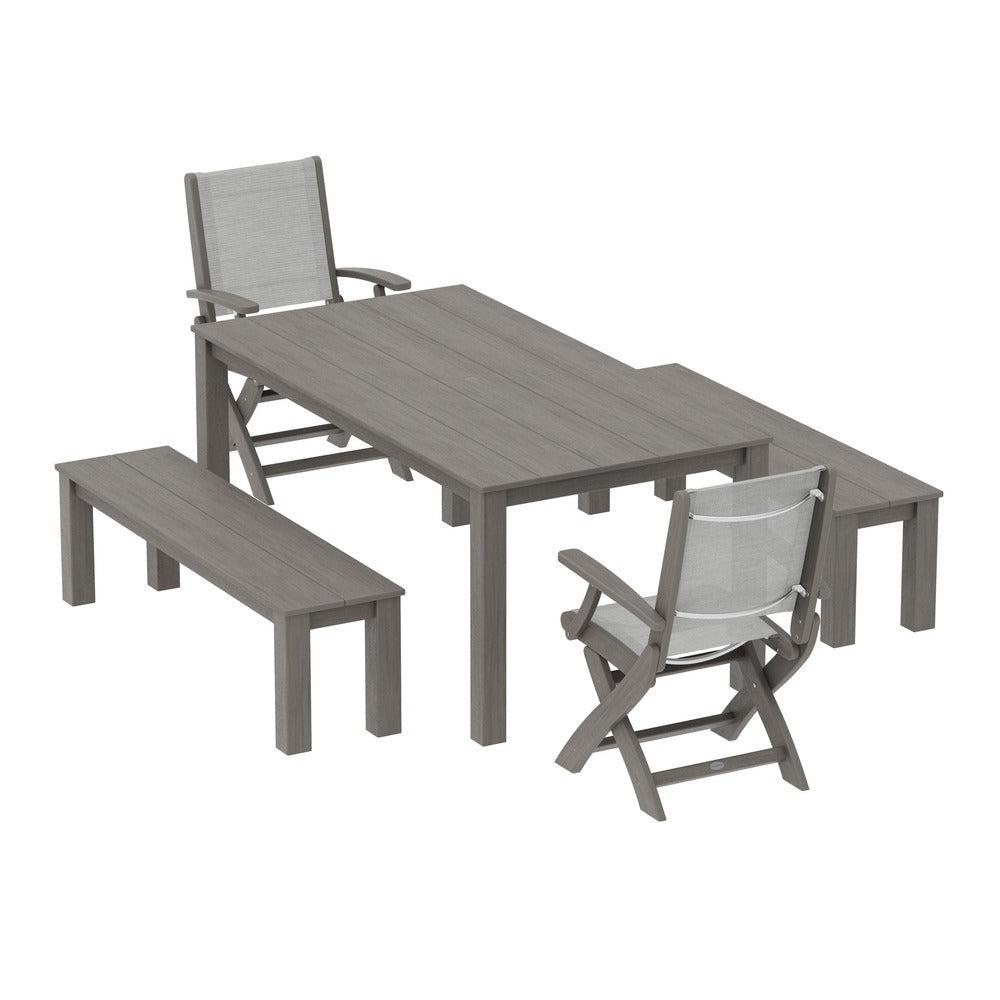 POLYWOOD® - Coastal Folding Chair 5-Piece Parsons Dining Set with Benches - PWS2273