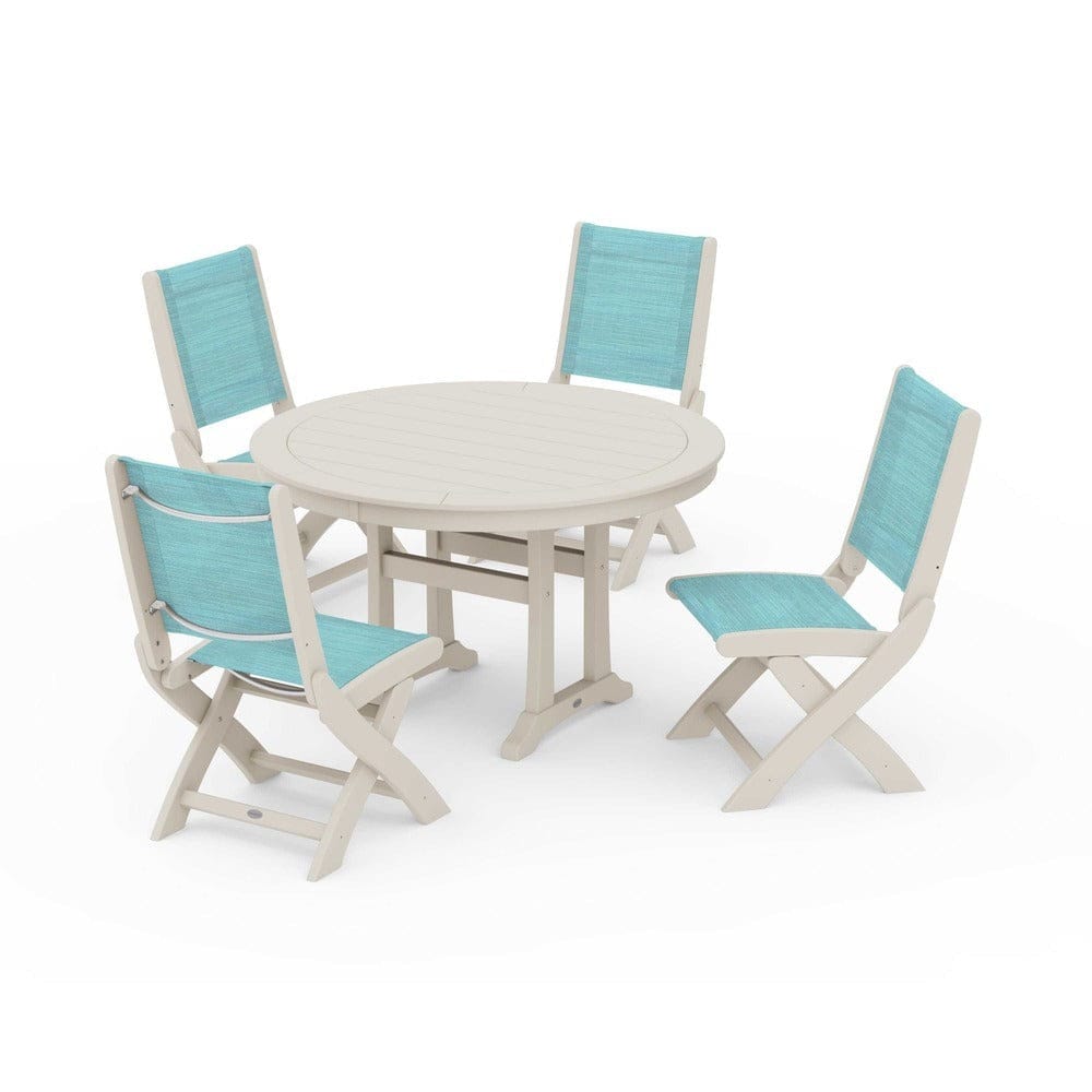 POLYWOOD® - Coastal Folding Side Chair 5-Piece Round Dining Set With Trestle Legs - PWS1121 Outdoor Furniture POLYWOOD®