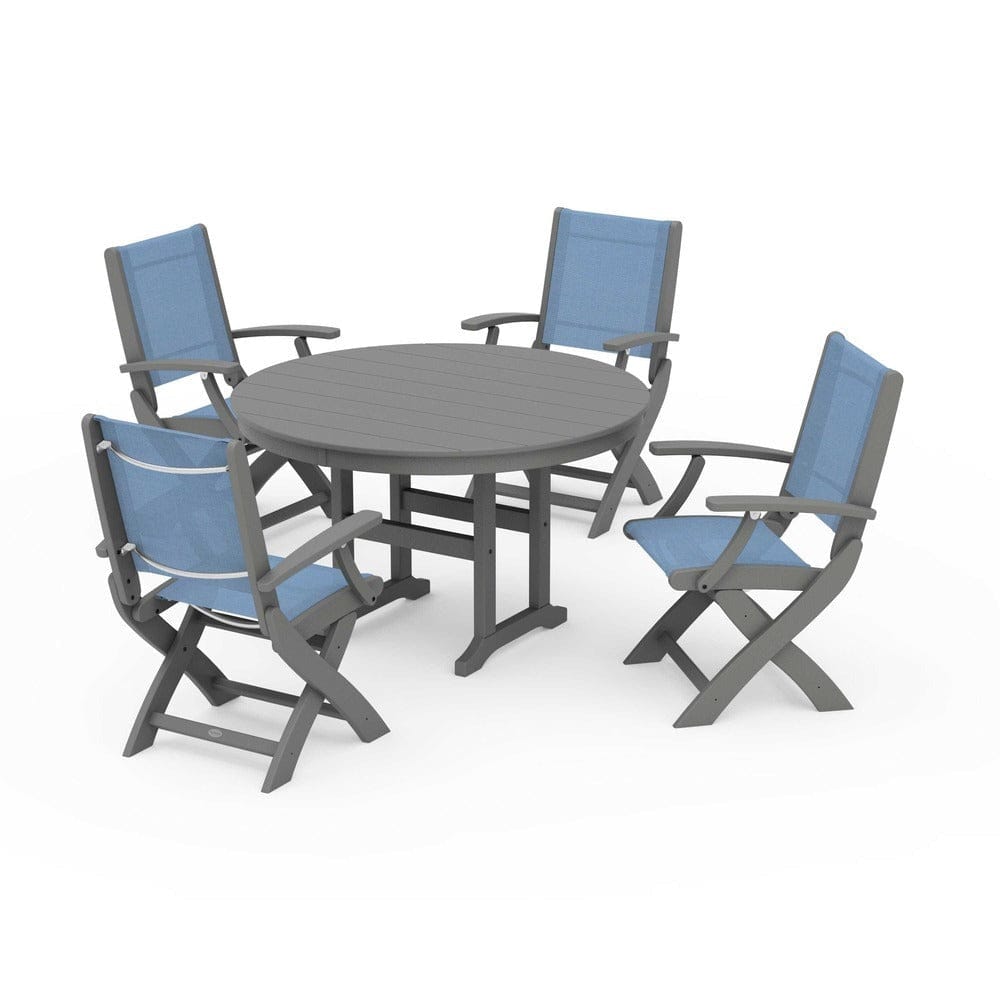 POLYWOOD® - Coastal Folding Chair 5-Piece Round Dining Set - PWS1357 Outdoor Furniture POLYWOOD®