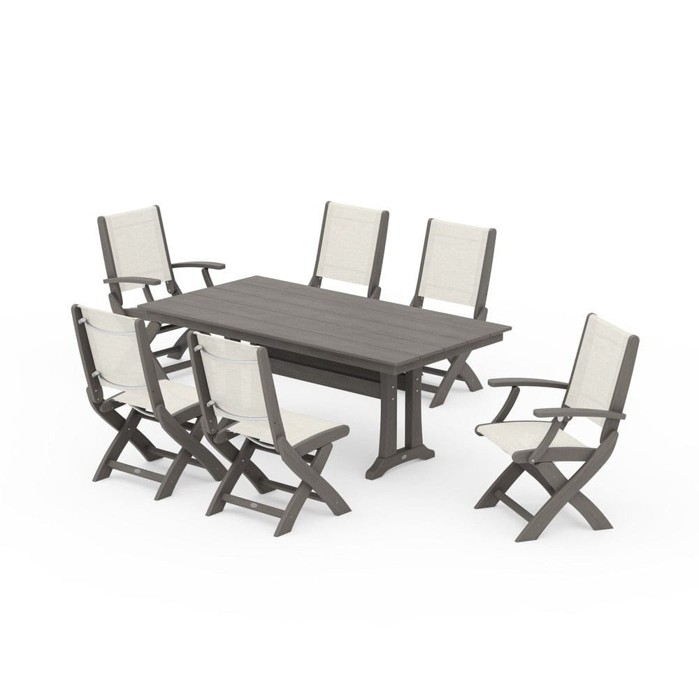 POLYWOOD® - Coastal Folding Chair 7-Piece Farmhouse Dining Set with Trestle Legs - PWS1001
