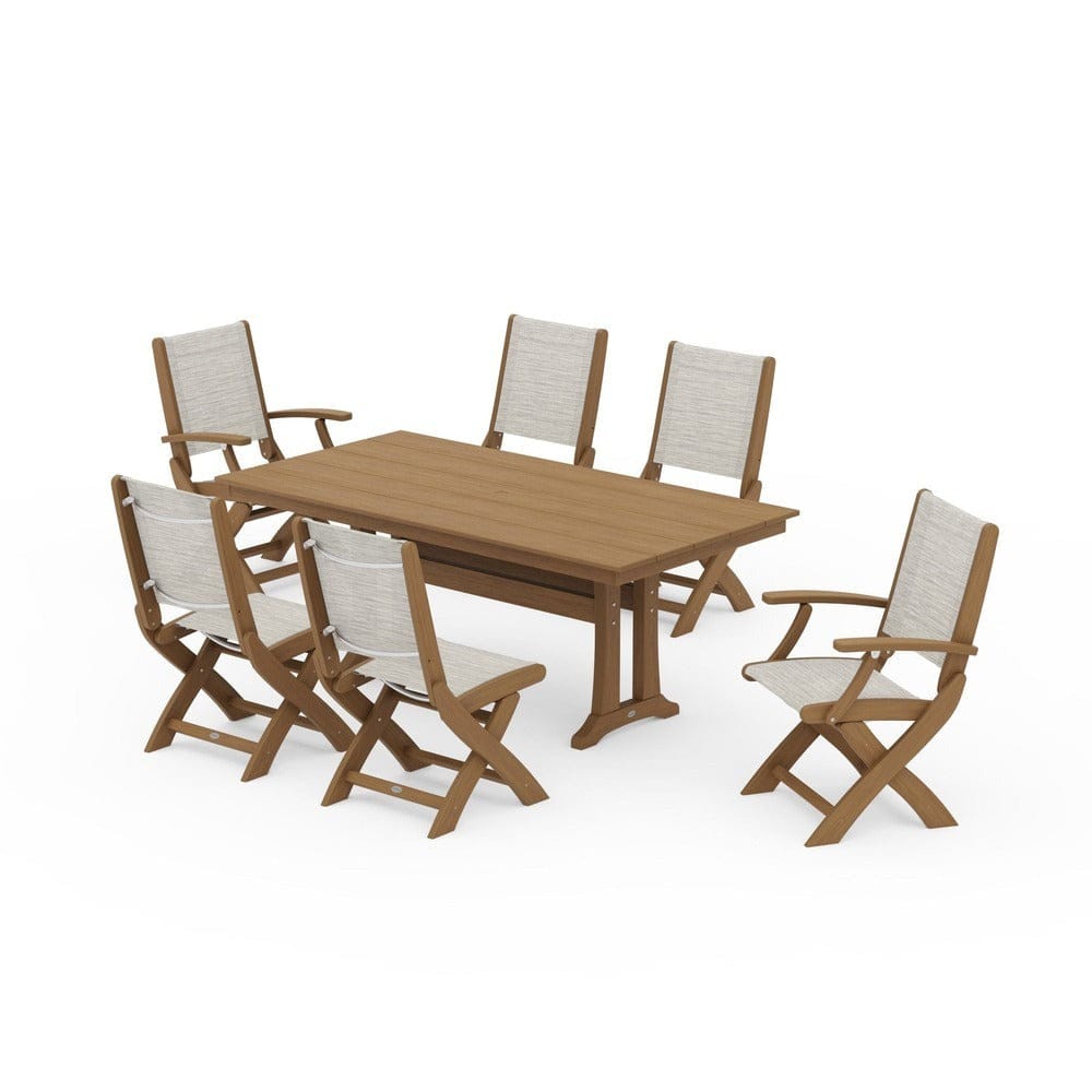 POLYWOOD® - Coastal Folding Chair 7-Piece Farmhouse Dining Set with Trestle Legs - PWS1001