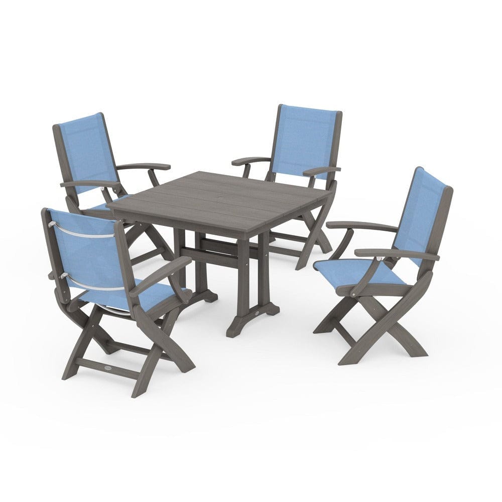 POLYWOOD® - Coastal Folding Chair 5-Piece Farmhouse Dining Set With Trestle Legs - PWS945