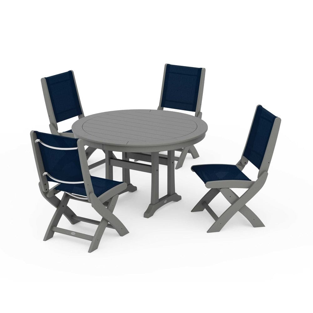POLYWOOD® - Coastal Folding Side Chair 5-Piece Round Dining Set With Trestle Legs - PWS1121 Outdoor Furniture POLYWOOD®